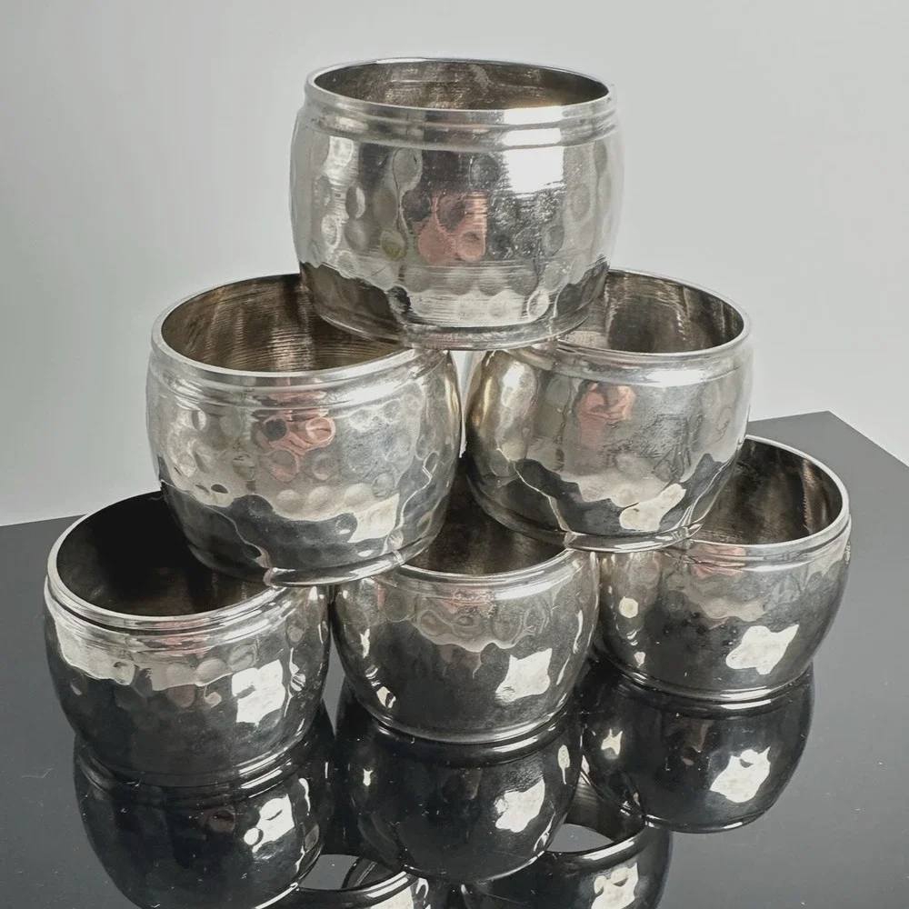 Vintage Hammered Silverplate Wide Napkin Rings Set of 6 Mid‎ Century Table Decor